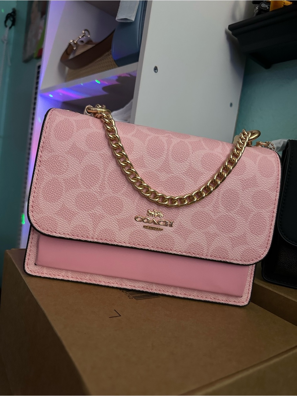 Coach Pink Signature Chain-Handle Flap Shoulder Bag